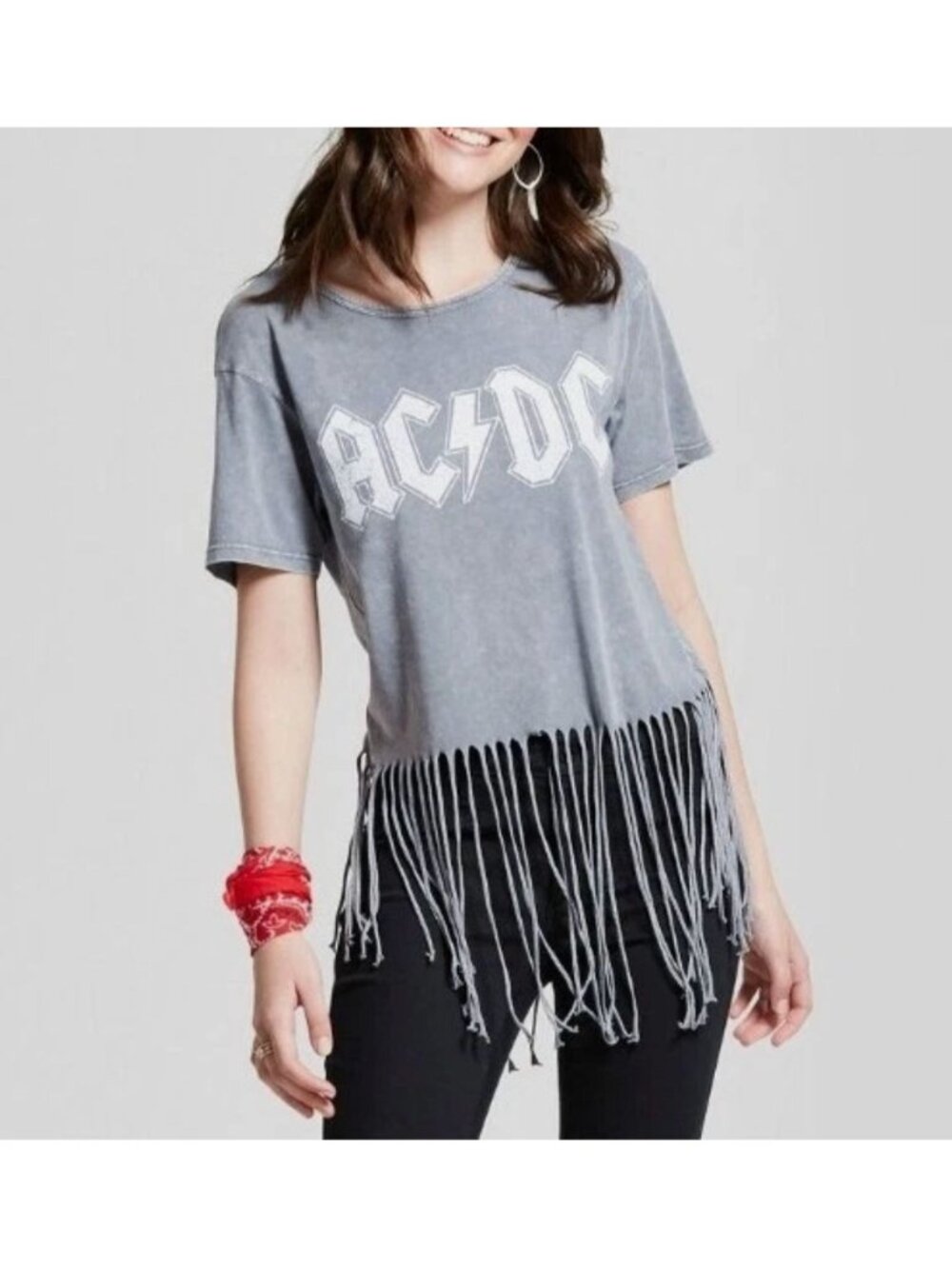 AC/DC Rock Band Crop Top Gray Fringe-Hem T-Shirt Size L Tee Womens Concert Grey